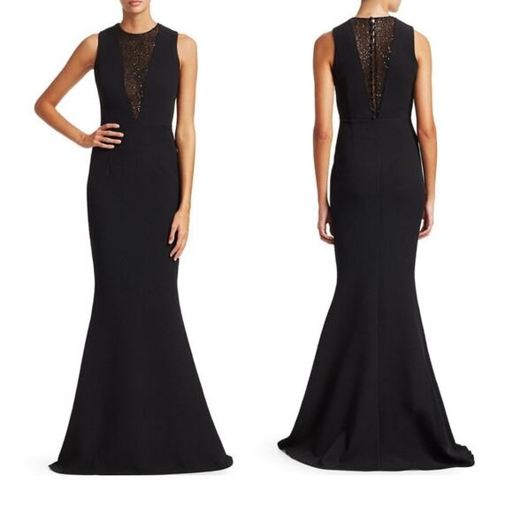 Safiyaa Black Jacinta Embellished Crepe Gown Beaded Mesh Panel Dress FR 38 US 6 - Picture 1 of 7